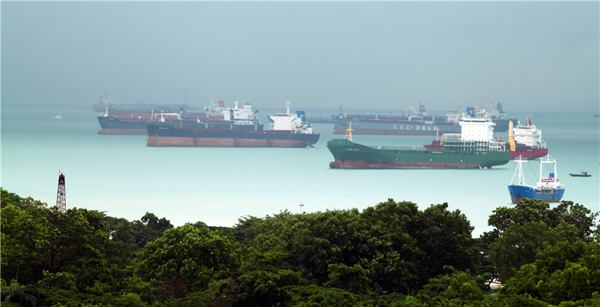 Singapore strait - Ships waiting to enter port of Singapore cropped